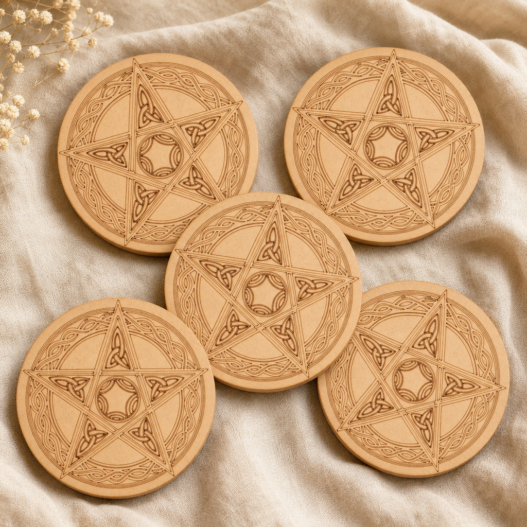 Pentacle Crystal Grid Board, 6" Wooden Crystal Grid Plate