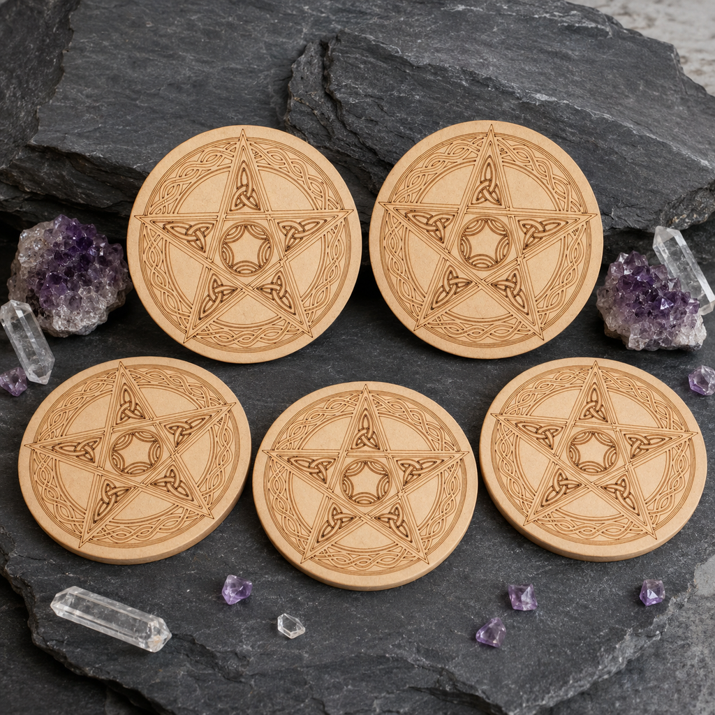 Pentacle Crystal Grid Board, 6" Wooden Crystal Grid Plate