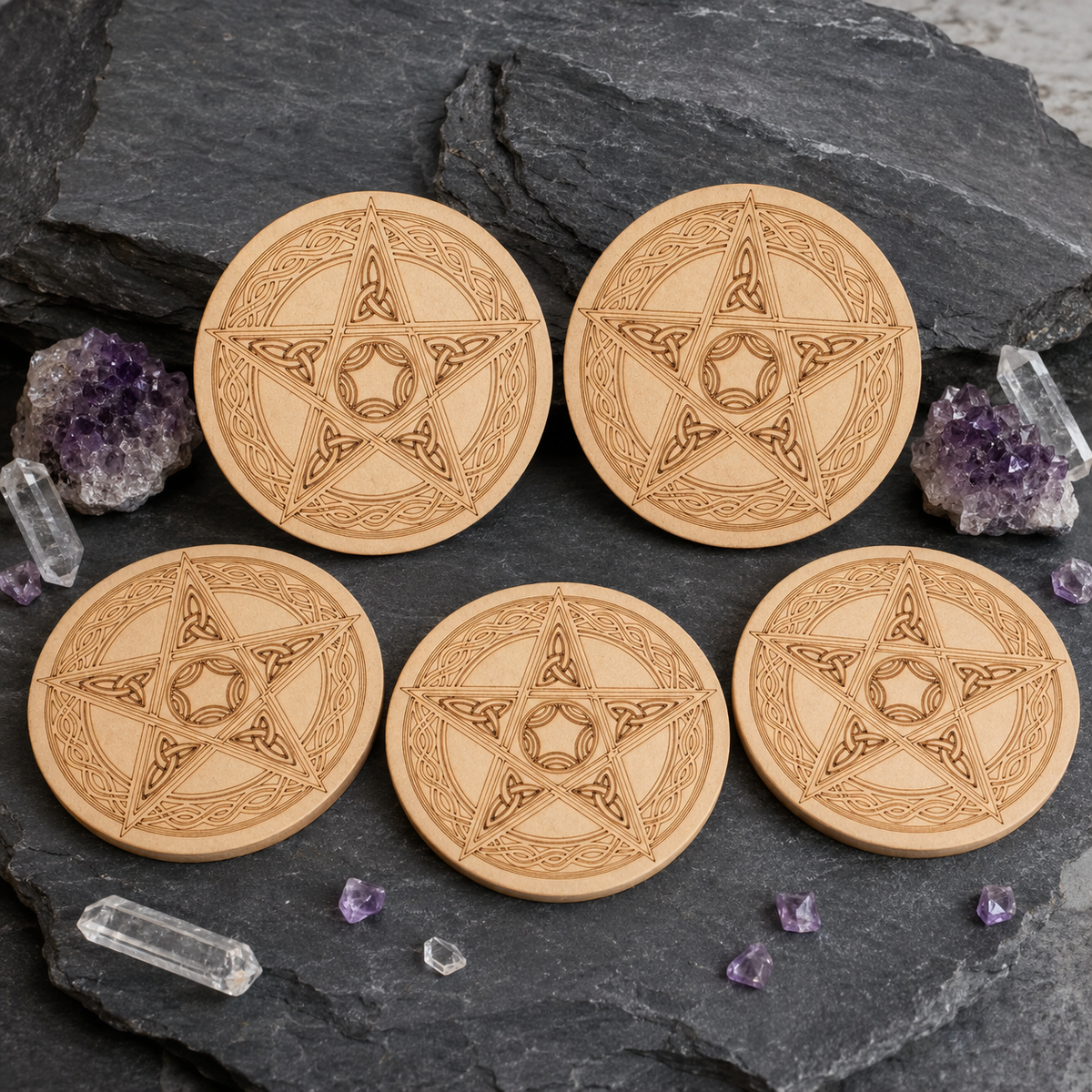Pentacle Crystal Grid Board, 6" Wooden Crystal Grid Plate