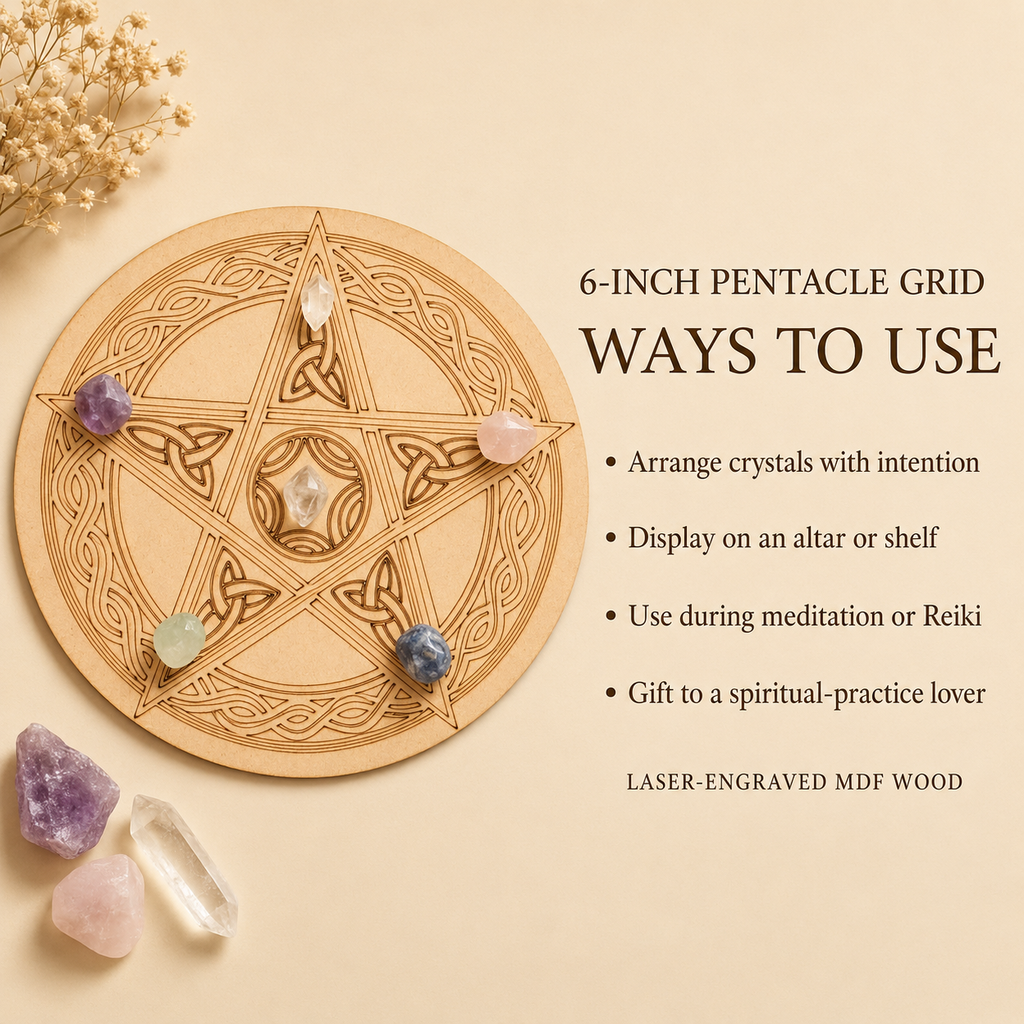 Pentacle Crystal Grid Board, 6" Wooden Crystal Grid Plate