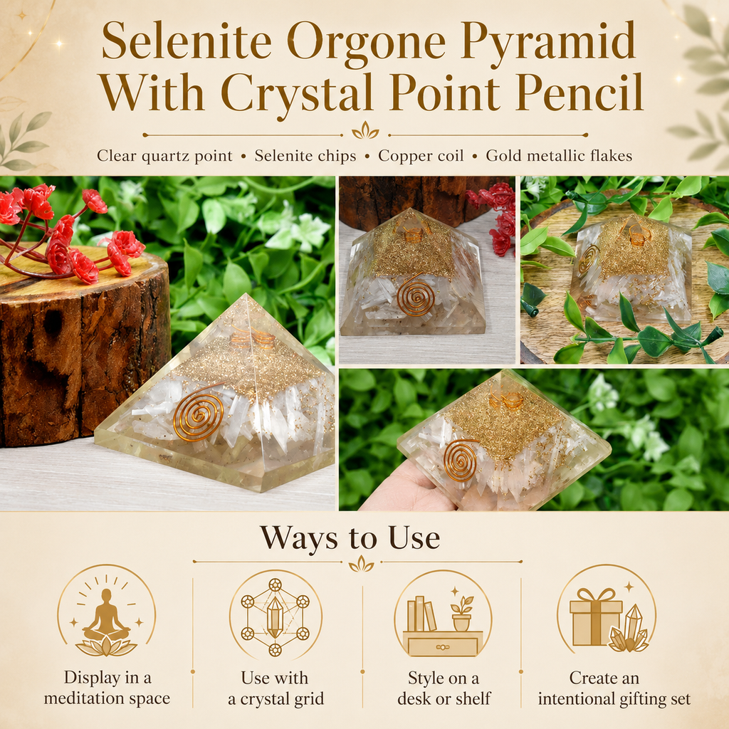 Selenite Orgone pyramid with Clear Quartz Crystal Pencil