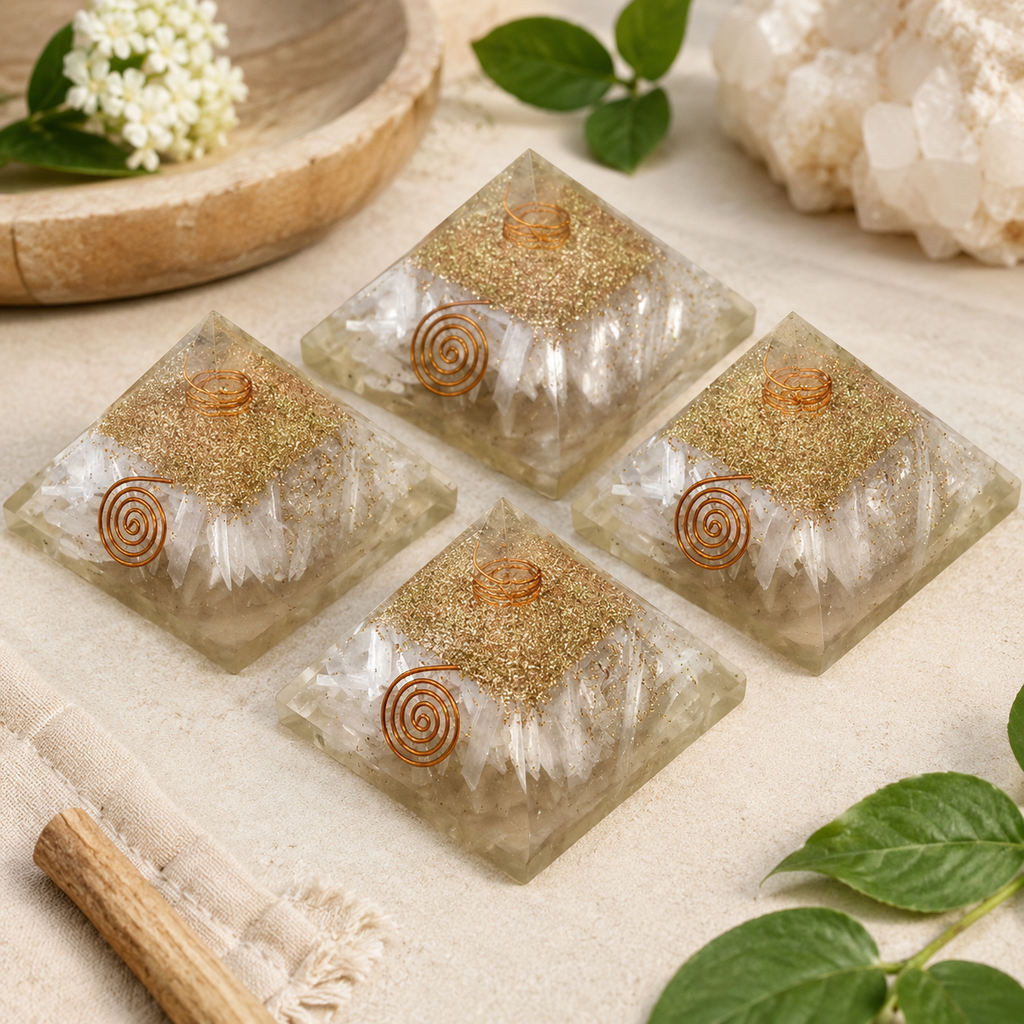 Selenite Orgone pyramid with Clear Quartz Crystal Pencil
