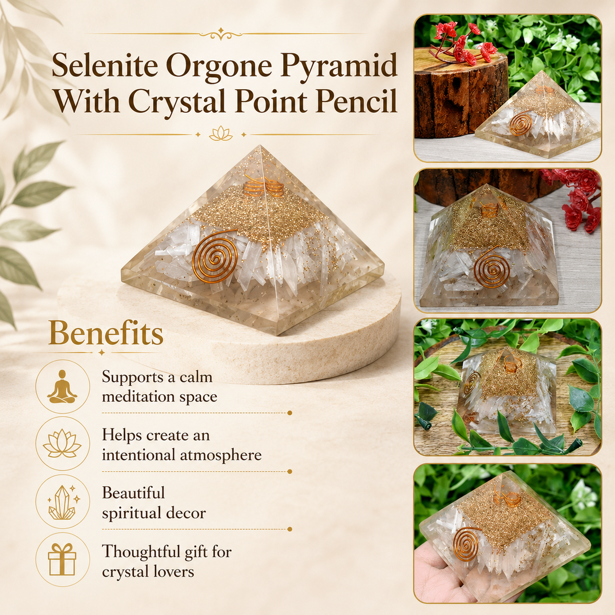 Selenite Orgone pyramid with Clear Quartz Crystal Pencil