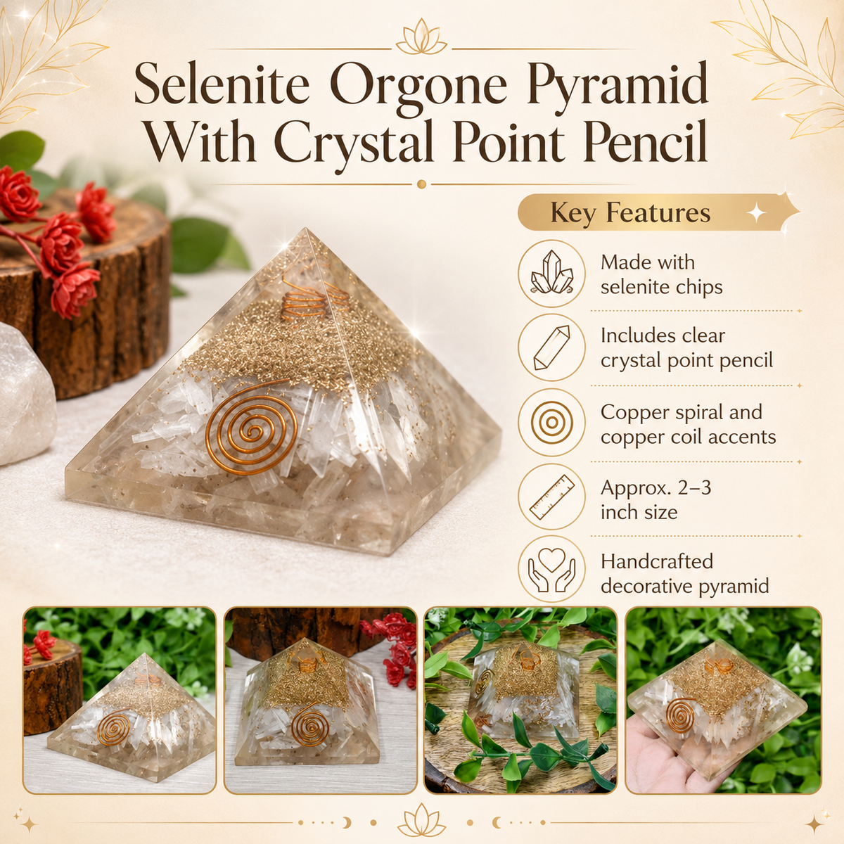Selenite Orgone pyramid with Clear Quartz Crystal Pencil