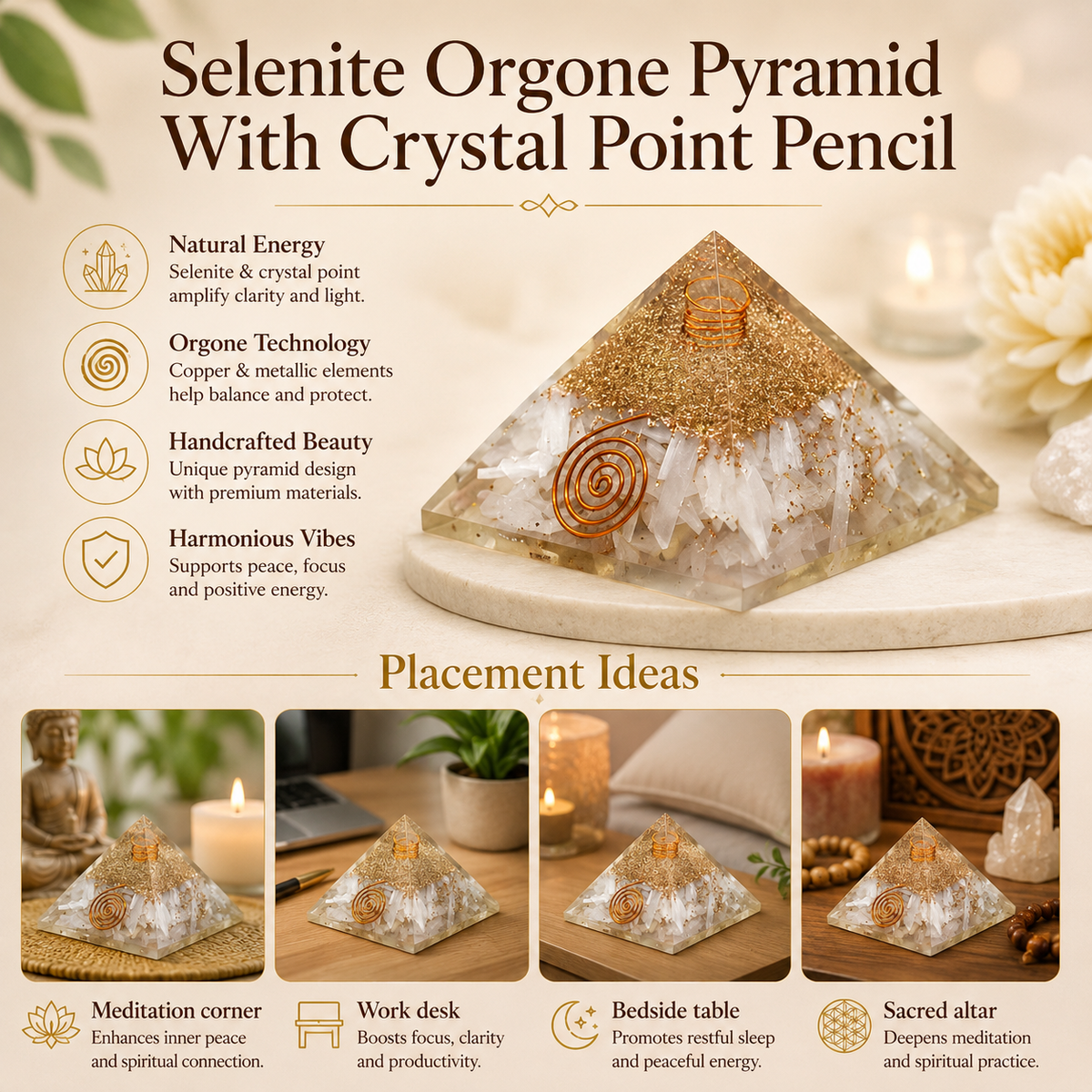 Selenite Orgone pyramid with Clear Quartz Crystal Pencil