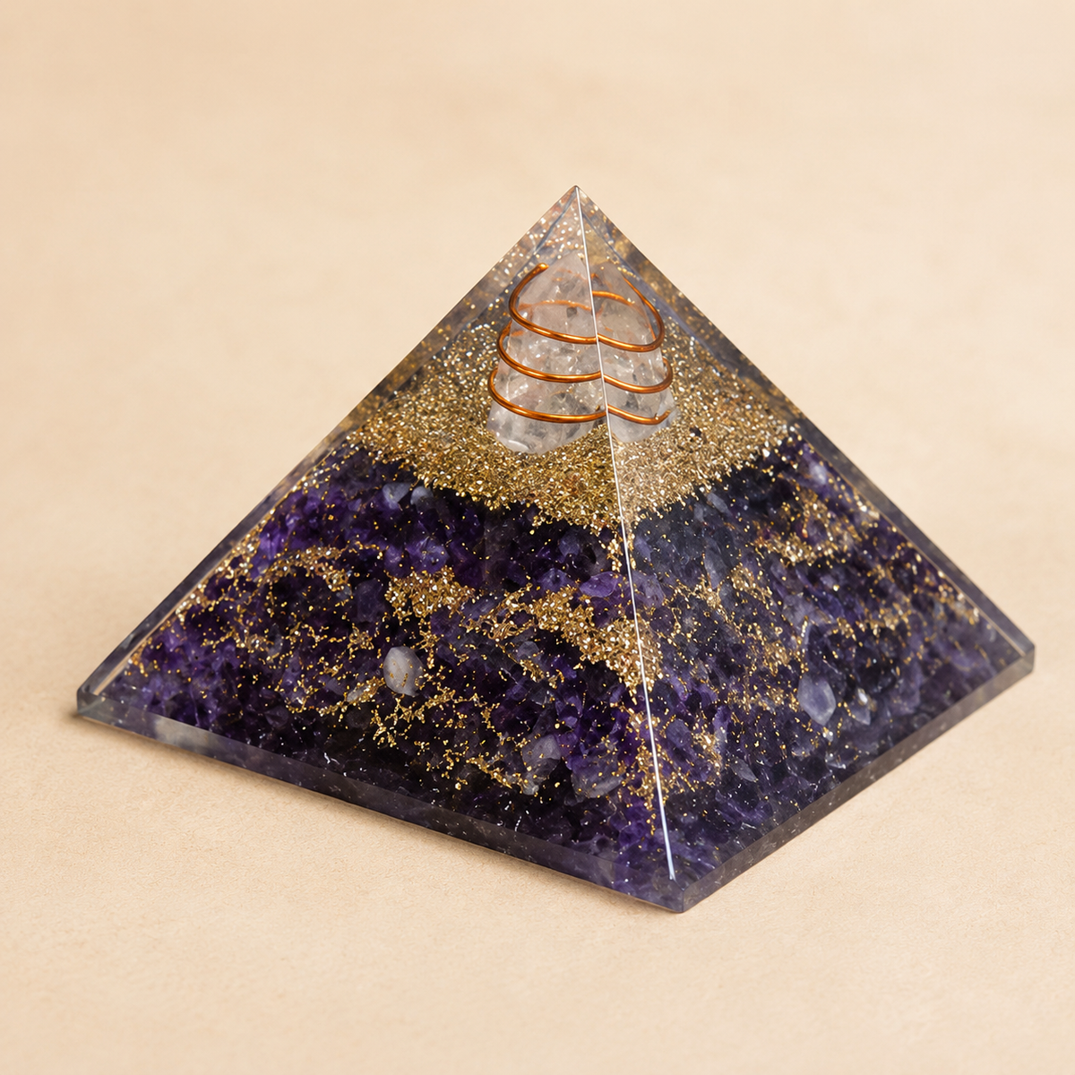 Amethyst Orgone pyramid With Clear Quartz Crystal Pencil