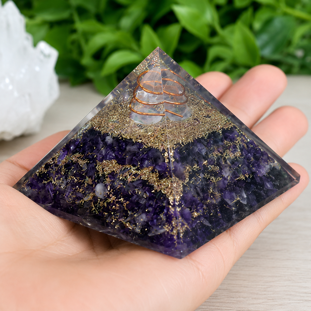 Amethyst Orgone pyramid With Clear Quartz Crystal Pencil