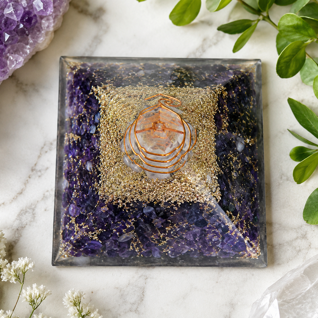 Amethyst Orgone pyramid With Clear Quartz Crystal Pencil