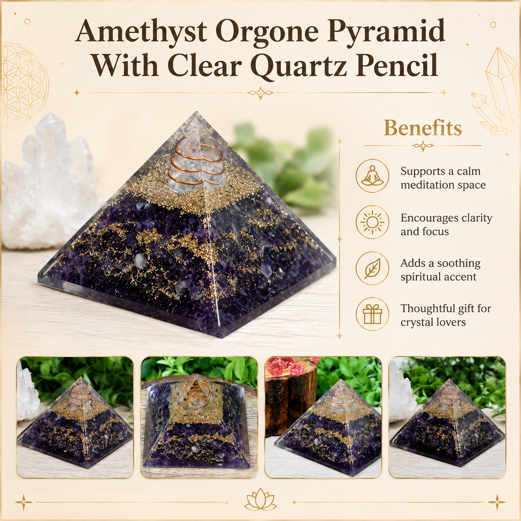 Amethyst Orgone pyramid With Clear Quartz Crystal Pencil