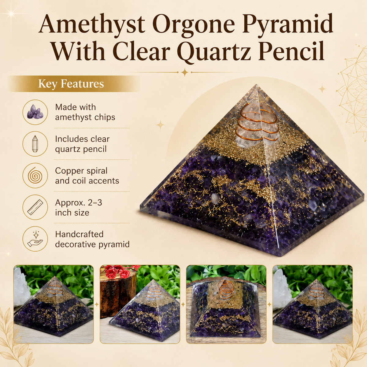 Amethyst Orgone pyramid With Clear Quartz Crystal Pencil
