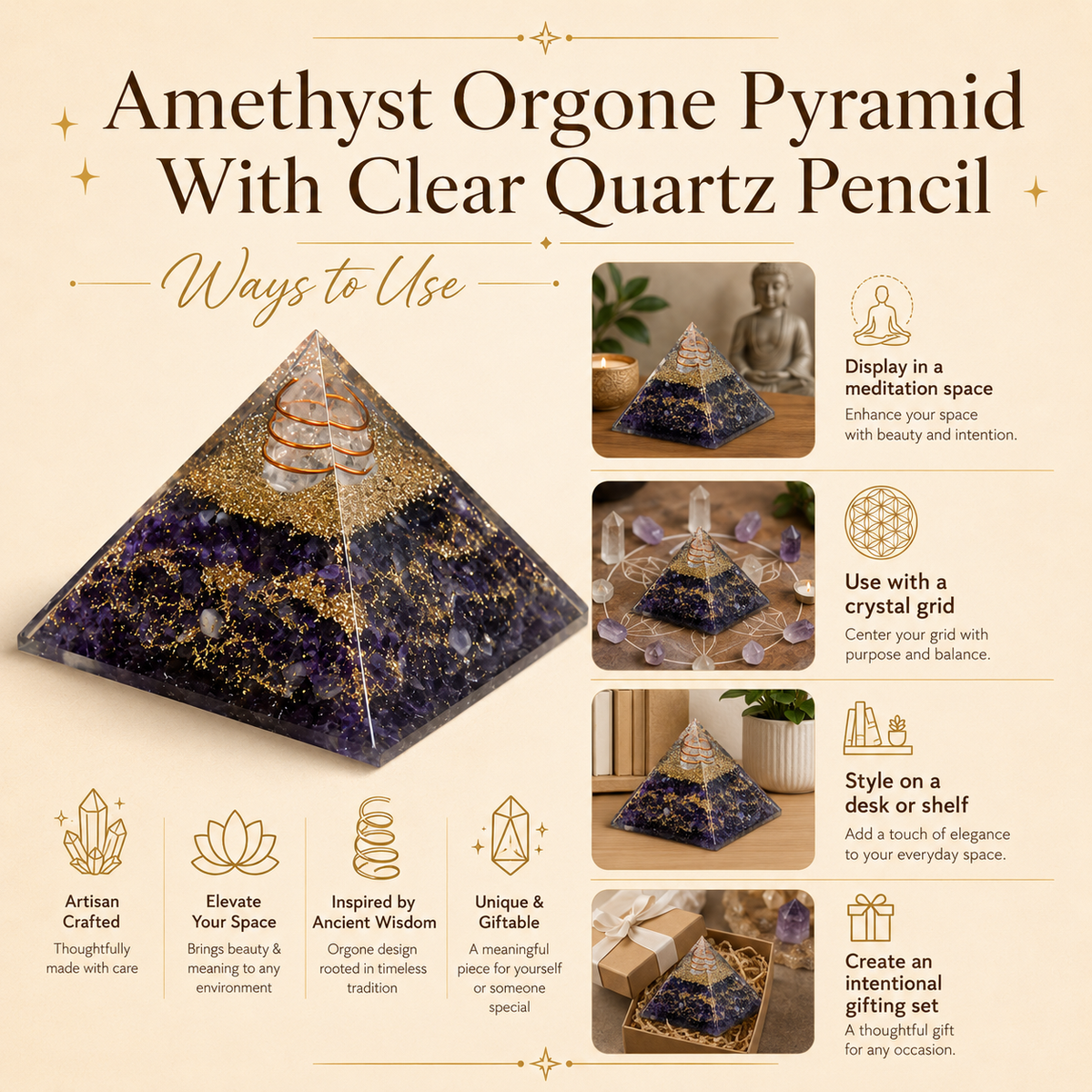 Amethyst Orgone pyramid With Clear Quartz Crystal Pencil