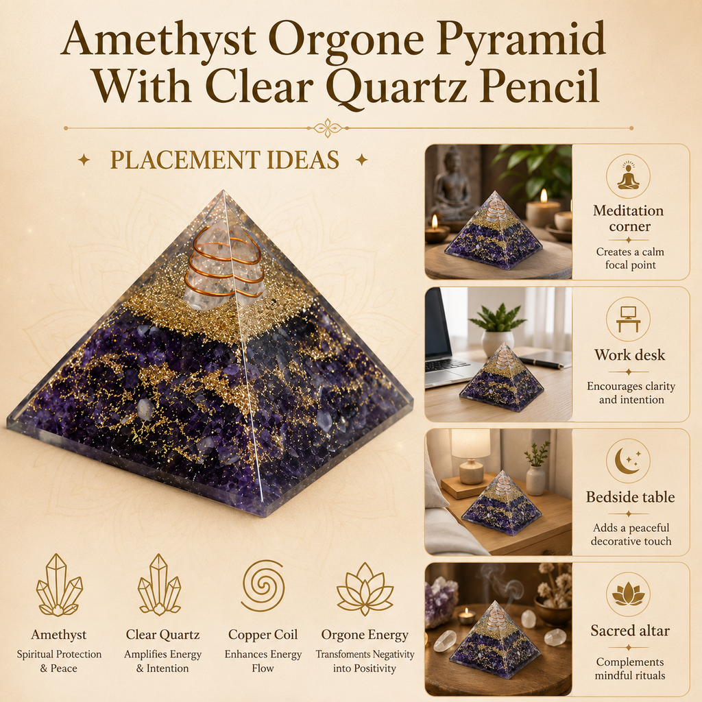 Amethyst Orgone pyramid With Clear Quartz Crystal Pencil