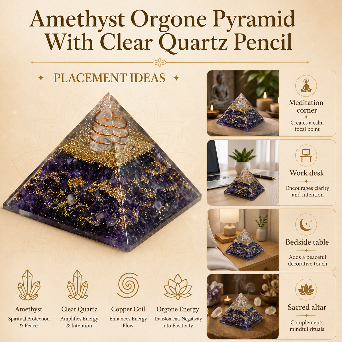 Amethyst Orgone pyramid With Clear Quartz Crystal Pencil