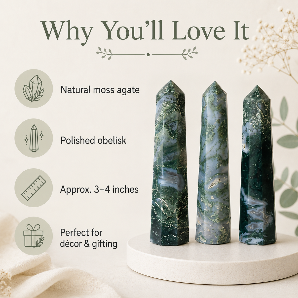 Moss Agate Tower Point (Tranquility and Emotional Balance)