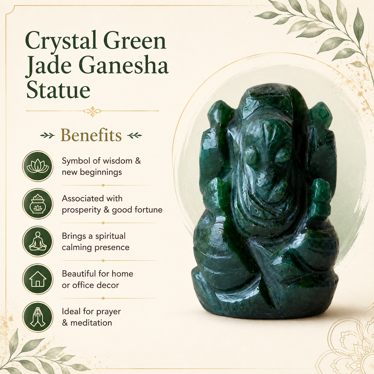 Green Jade Ganesha Statue (Wisdom and Balance)