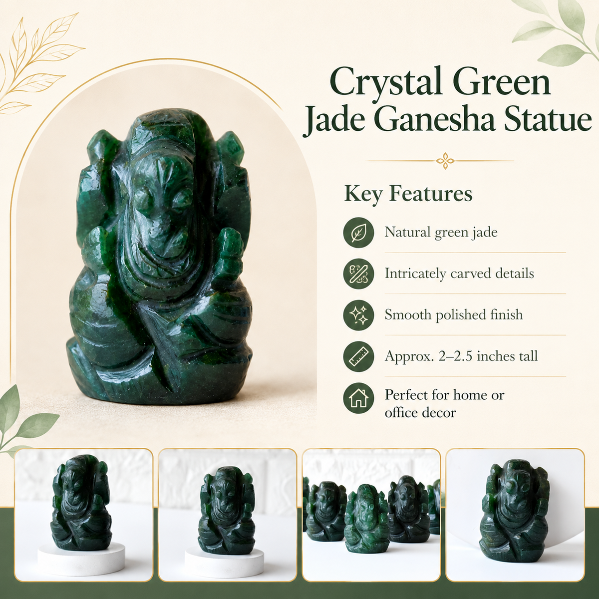 Green Jade Ganesha Statue (Wisdom and Balance)
