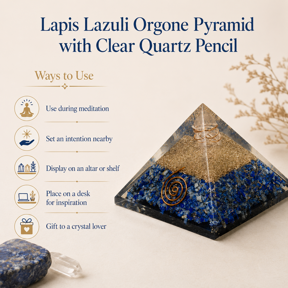 Lapis Lazuli Orgone pyramid, Clear Quartz Crystal Pencil