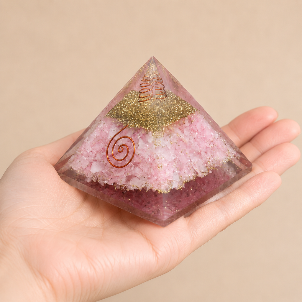 Rose Quartz Orgone pyramid, Clear Quartz Crystal Pencil