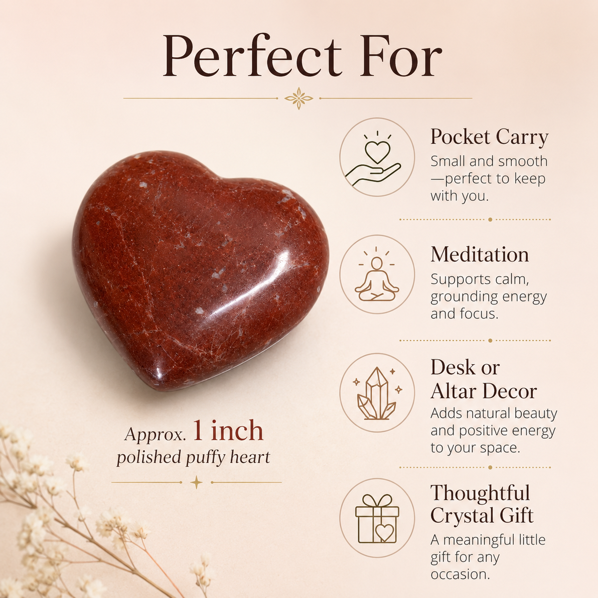 Red Jasper Heart Crystal, Puffy Mini 1 Inch Pocket Crystal Heart | Hearts | Wiccan Center