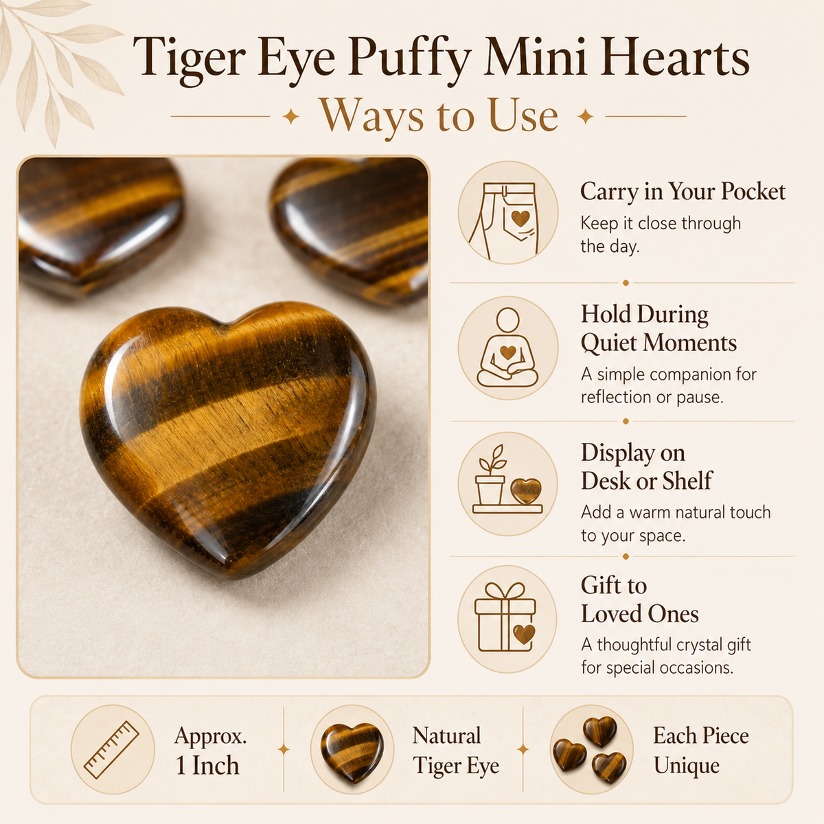 Tiger Eye Heart Crystal, Puffy Mini 1 Inch Pocket Crystal Heart | Hearts | Wiccan Center