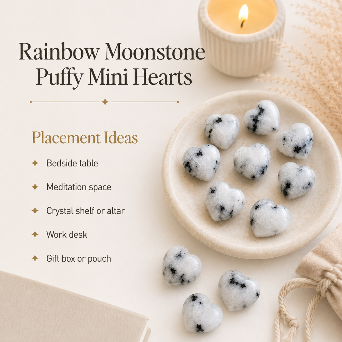 Rainbow Moonstone Heart Crystal, Puffy Mini 1 Inch Pocket Crystal Heart | Hearts | Wiccan Center