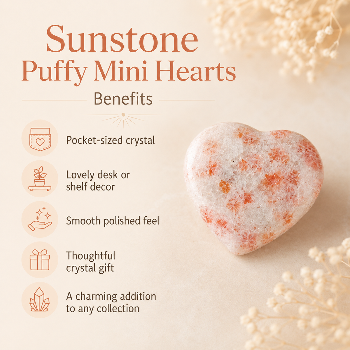 Sunstone Heart Crystal, Puffy Mini 1 Inch Pocket Crystal Heart. | Hearts | Wiccan Center