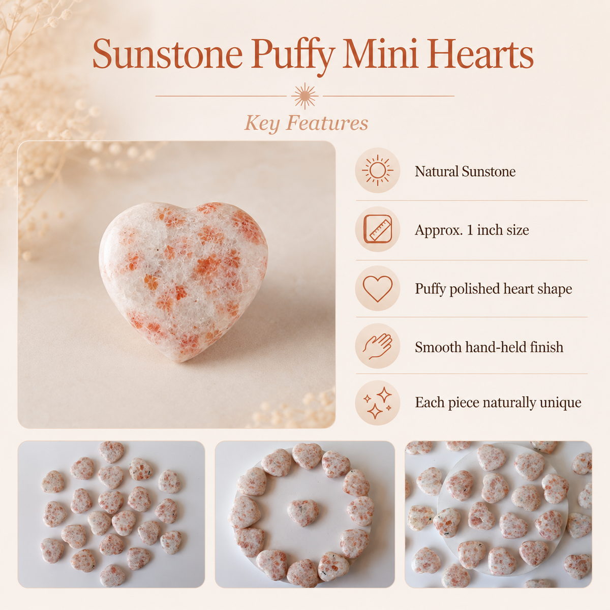 Sunstone Heart Crystal, Puffy Mini 1 Inch Pocket Crystal Heart. | Hearts | Wiccan Center