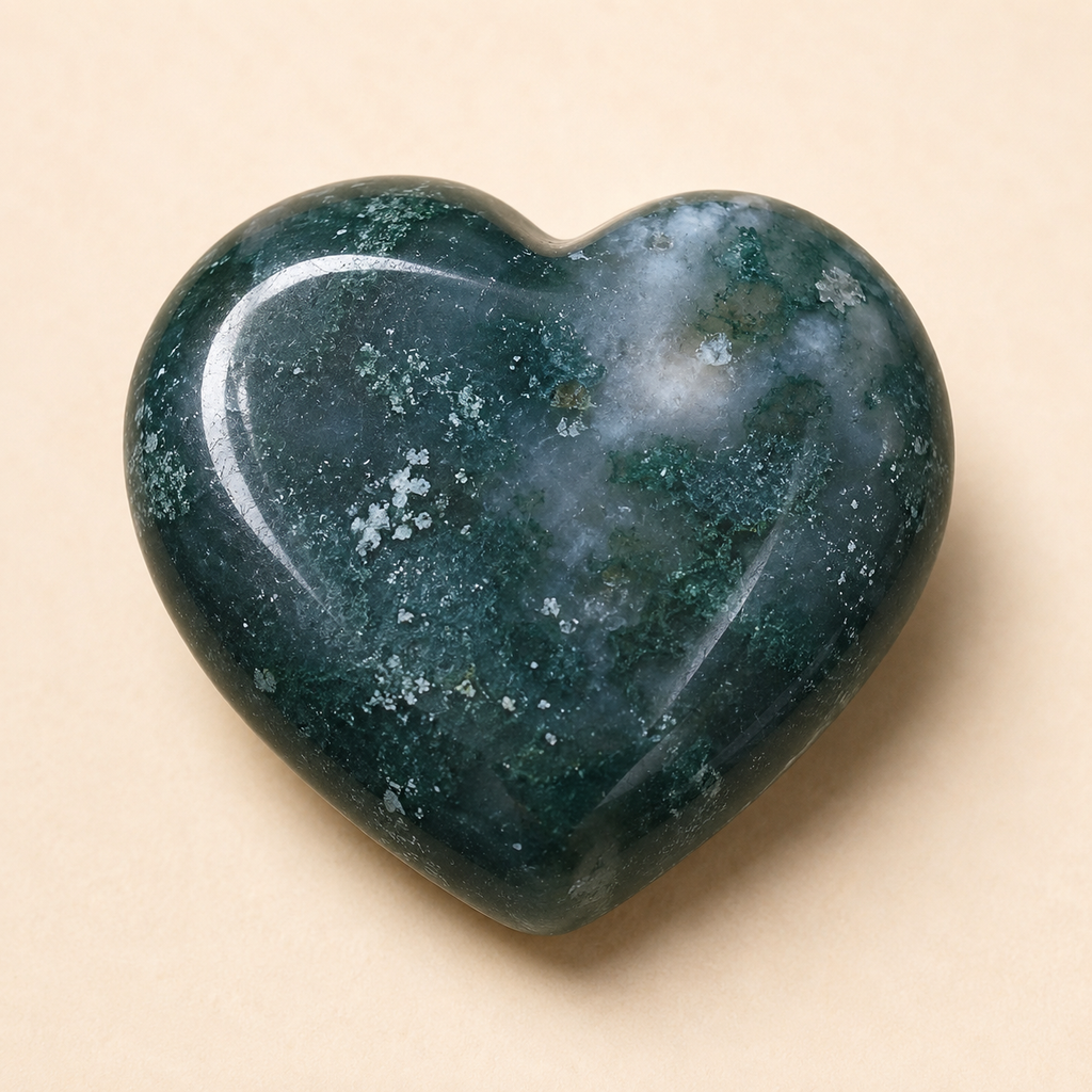 Moss Agate Heart Crystal, Puffy Mini 1 Inch Pocket Crystal Heart. | Hearts | Wiccan Center