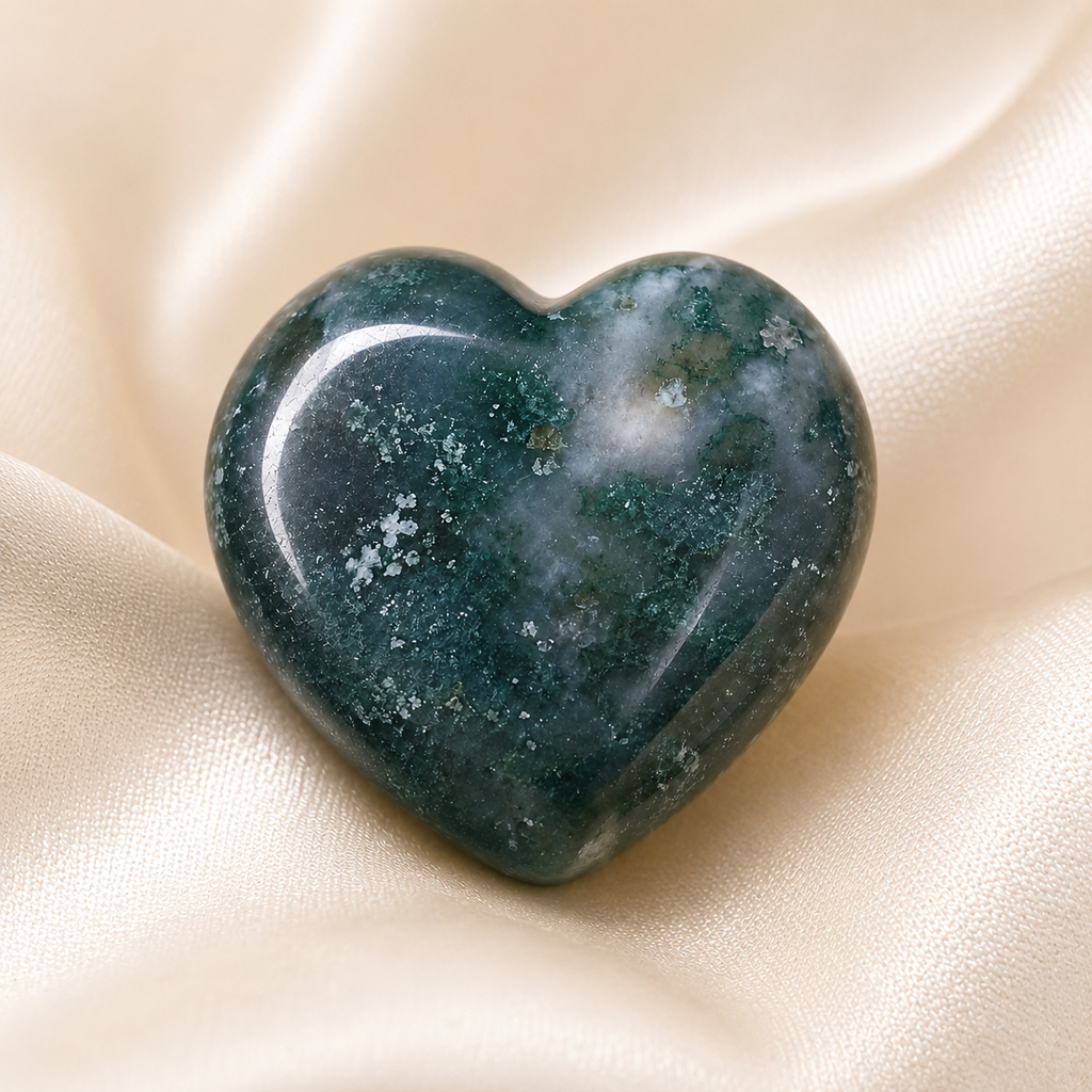 Moss Agate Heart Crystal, Puffy Mini 1 Inch Pocket Crystal Heart. | Hearts | Wiccan Center