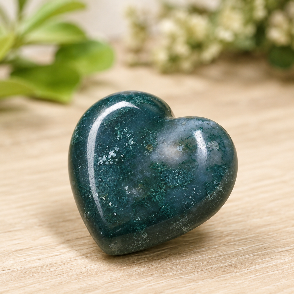 Moss Agate Heart Crystal, Puffy Mini 1 Inch Pocket Crystal Heart. | Hearts | Wiccan Center