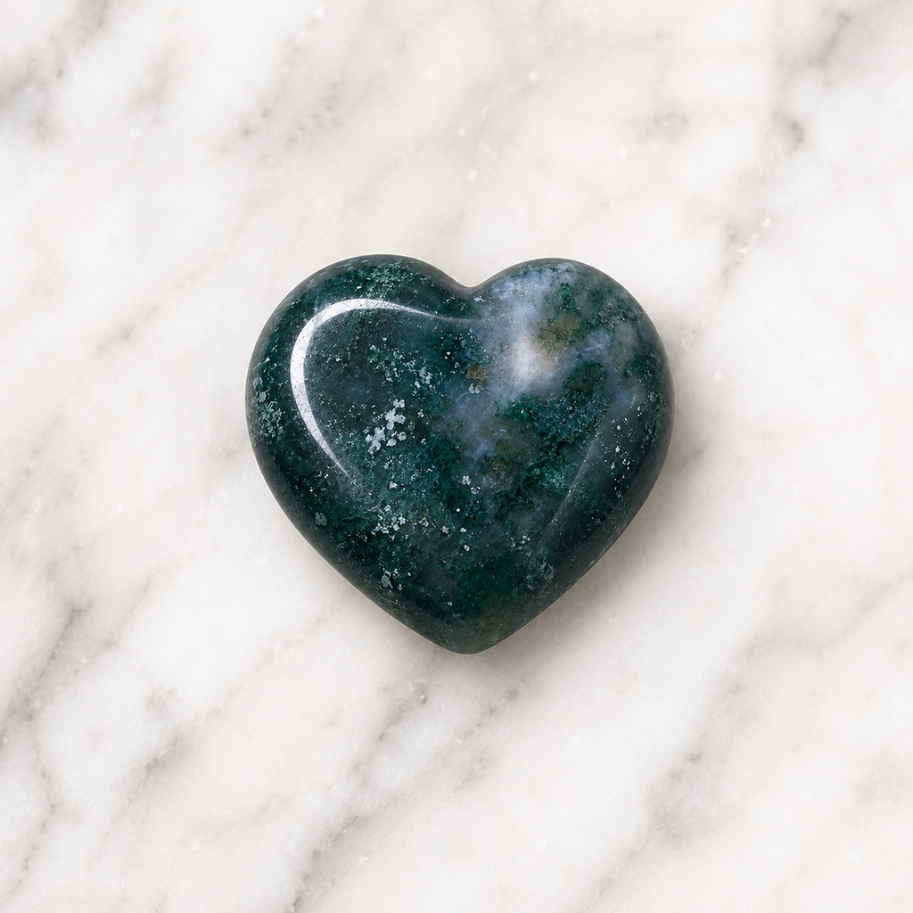 Moss Agate Heart Crystal, Puffy Mini 1 Inch Pocket Crystal Heart. | Hearts | Wiccan Center