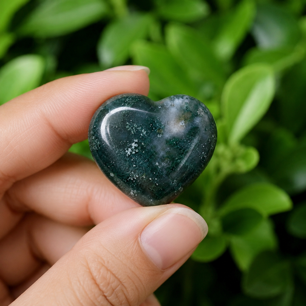 Moss Agate Heart Crystal, Puffy Mini 1 Inch Pocket Crystal Heart.