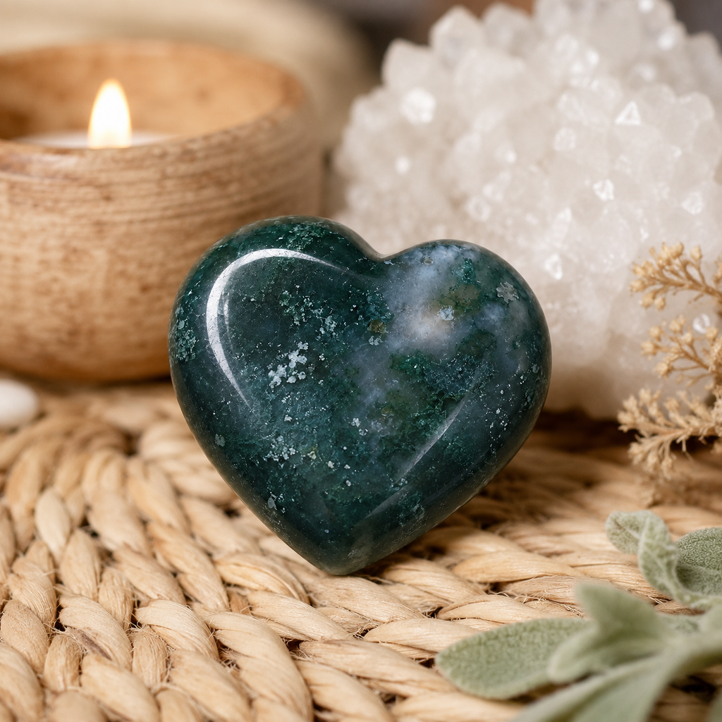 Moss Agate Heart Crystal, Puffy Mini 1 Inch Pocket Crystal Heart. | Hearts | Wiccan Center
