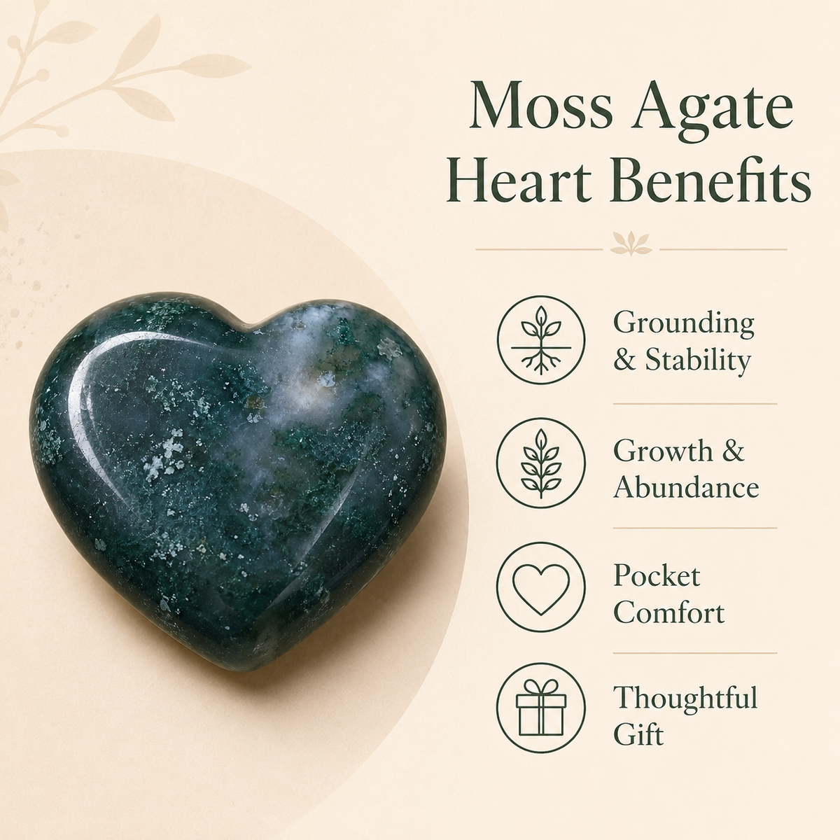 Moss Agate Heart Crystal, Puffy Mini 1 Inch Pocket Crystal Heart. | Hearts | Wiccan Center