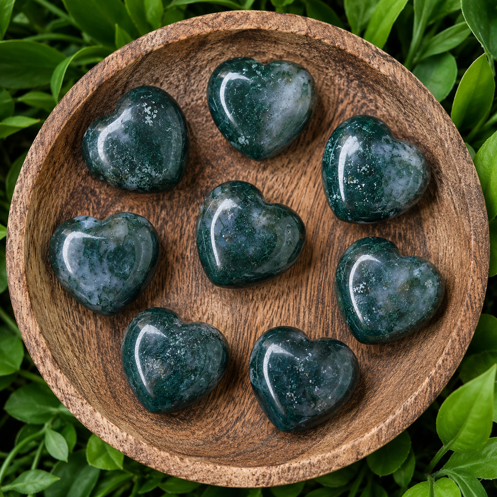 Moss Agate Heart Crystal, Puffy Mini 1 Inch Pocket Crystal Heart. | Hearts | Wiccan Center