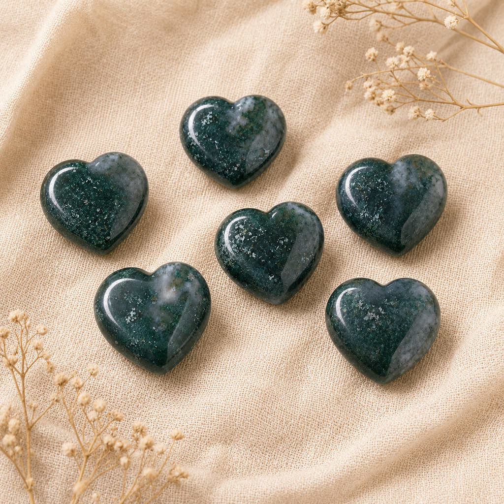 Moss Agate Heart Crystal, Puffy Mini 1 Inch Pocket Crystal Heart. | Hearts | Wiccan Center