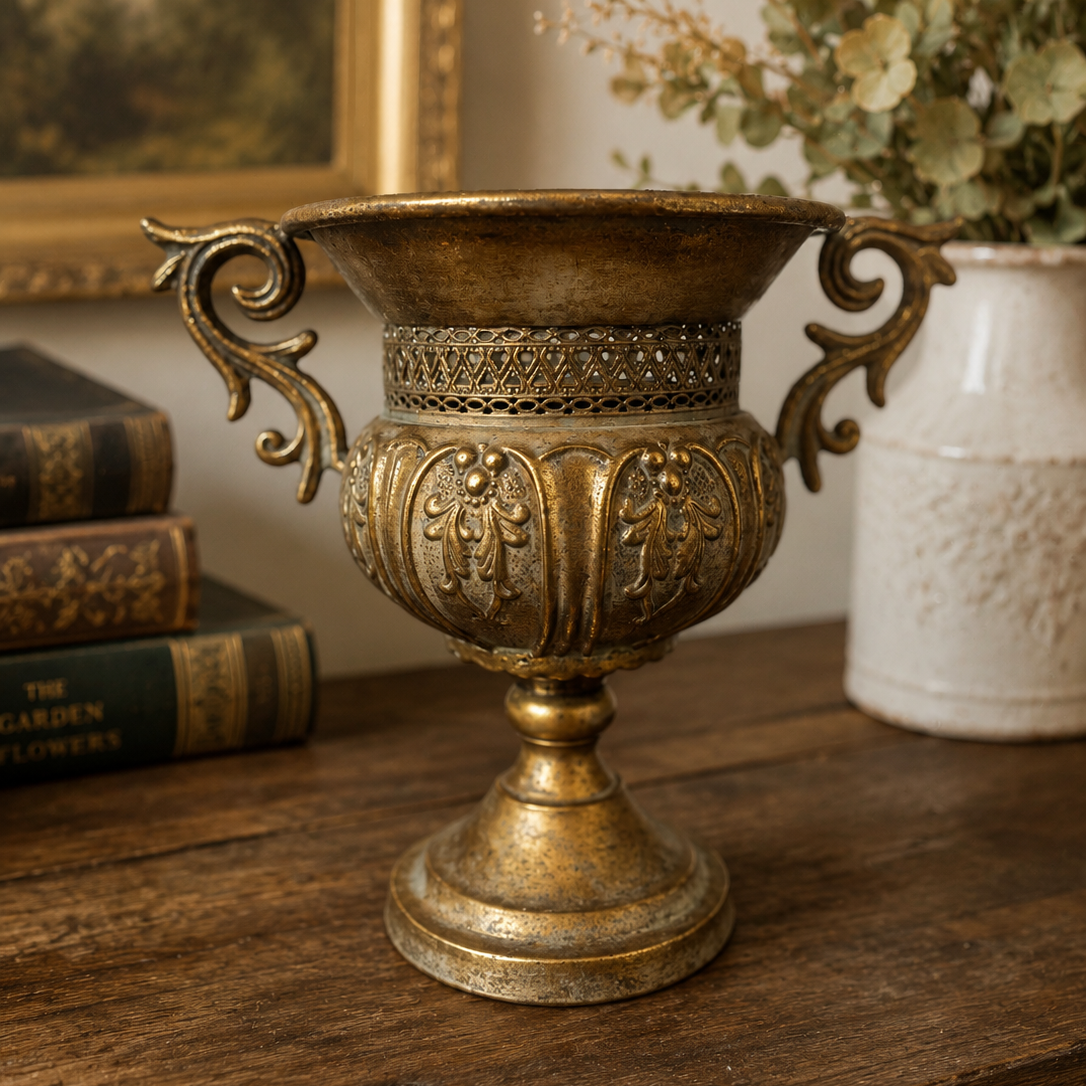 Distressed Pedestal Urn Planter with Ornate Scroll Handles | | Wiccan Center
