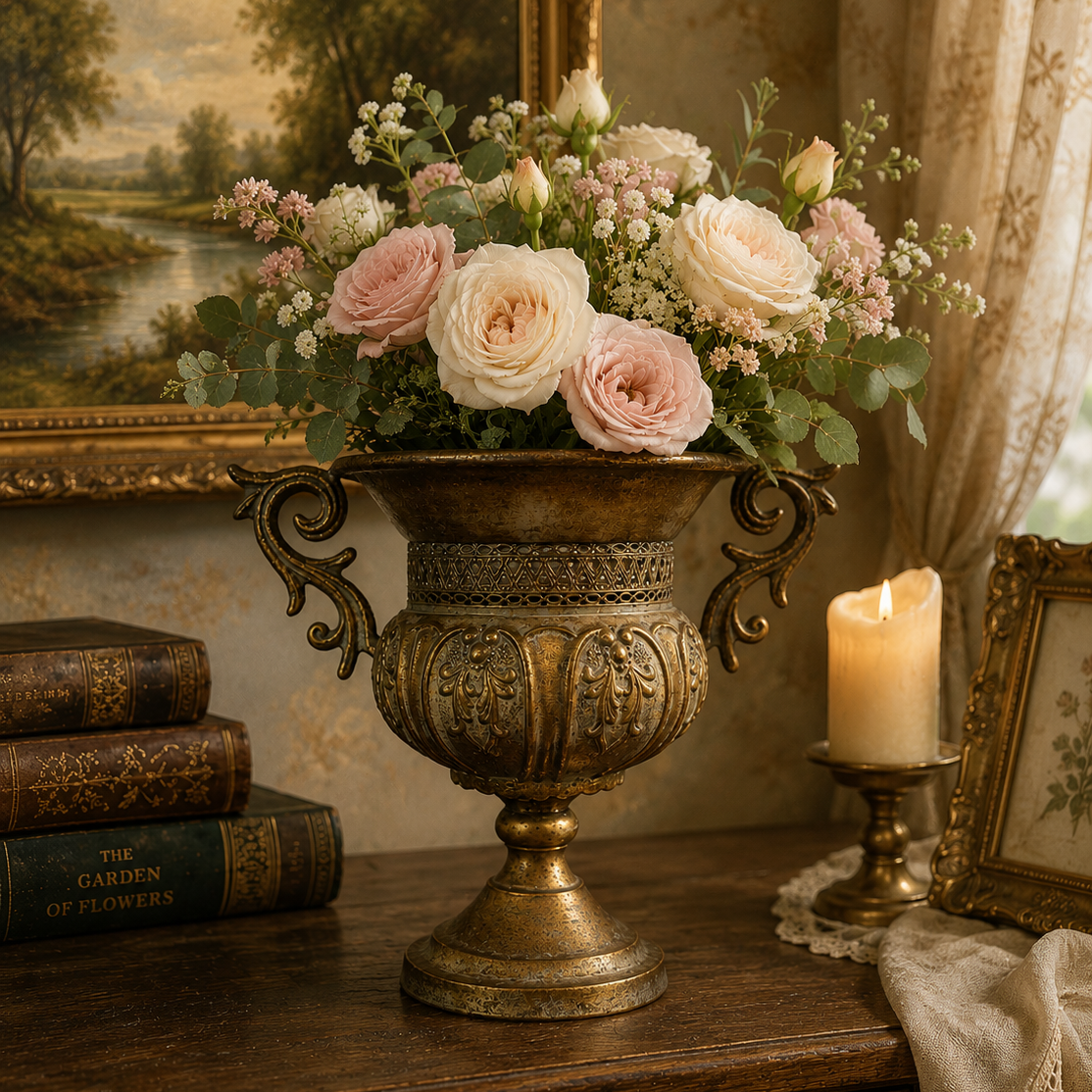 Distressed Pedestal Urn Planter with Ornate Scroll Handles | | Wiccan Center