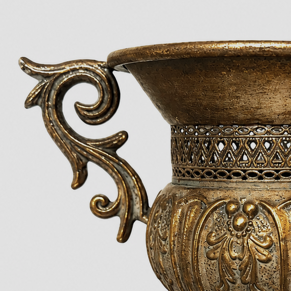 Distressed Pedestal Urn Planter with Ornate Scroll Handles | | Wiccan Center