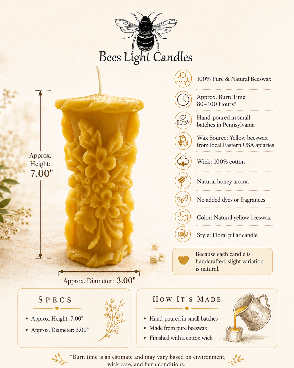 Golden Meadow Wildflower Beeswax Pillar Candle | Pillar Candles | Wiccan Center
