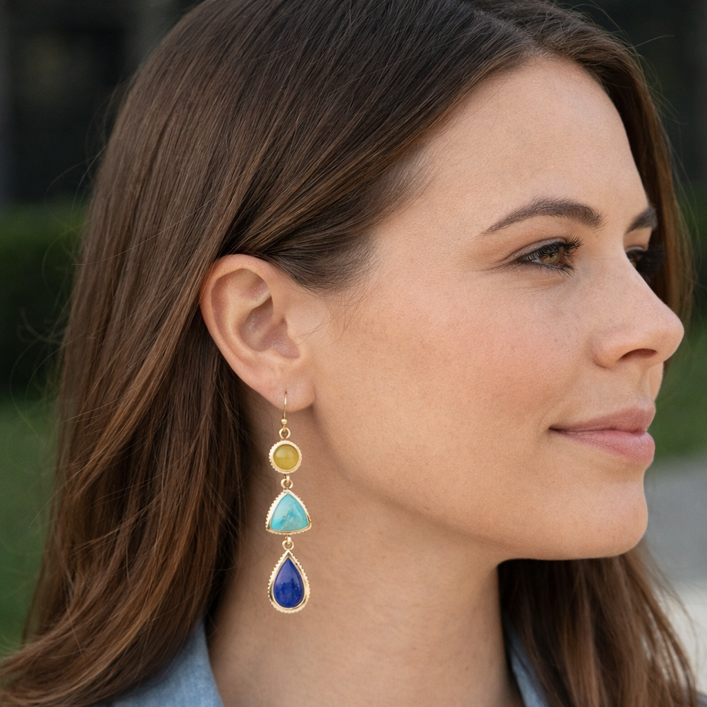 Yellow Quartz and Blue Turquoise Golden Drop Earrings | Earrings | Wiccan Center