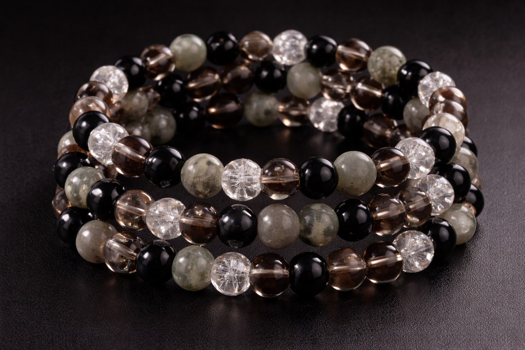 Stress Relief & Grounding Bracelet – Labradorite, Smoky Quartz, Black Obsidian & Clear Quartz (Small–Medium Wrists) | | Wiccan Center