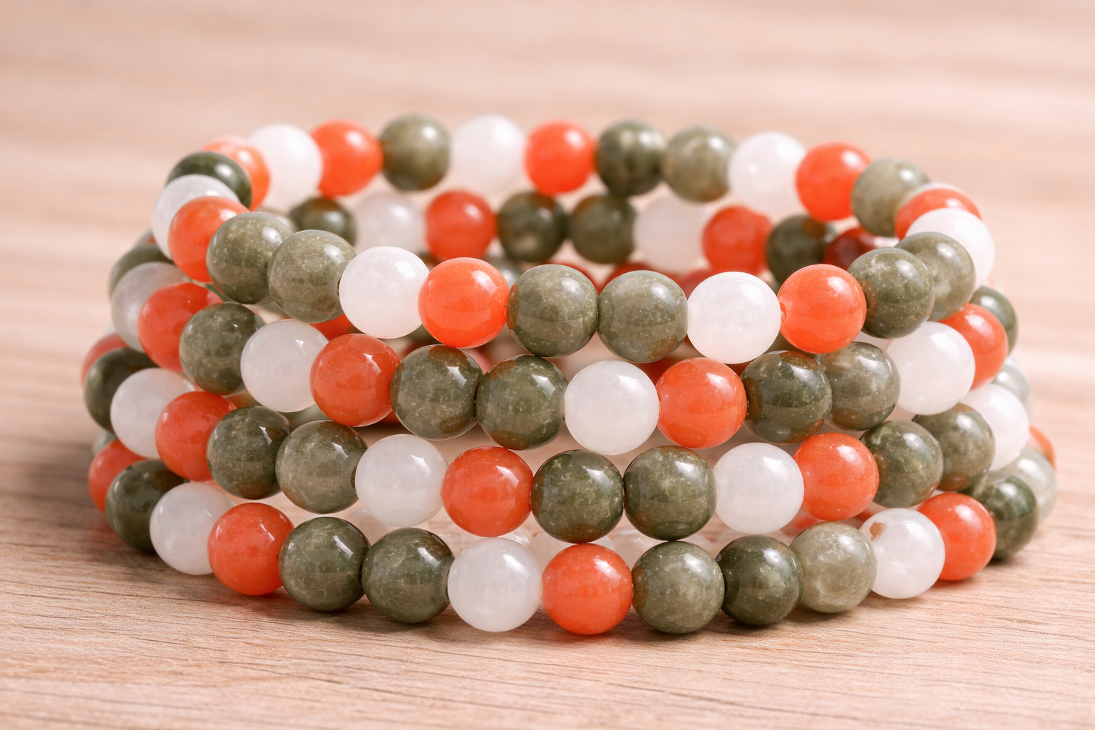 Youth Harmony Beaded Bracelet – Green, White & Orange Stones (Kids & Teens, Small Wrists) | | Wiccan Center
