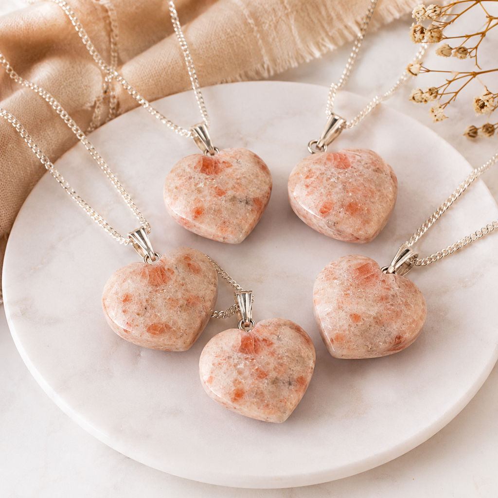 Real Sunstone Crystal Heart Pendant, Genuine Heart Shaped Necklaces | | Wiccan Center