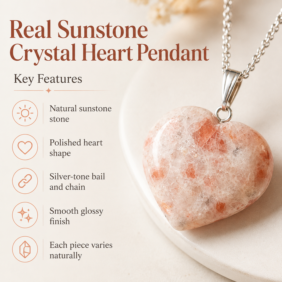 Real Sunstone Crystal Heart Pendant, Genuine Heart Shaped Necklaces | | Wiccan Center