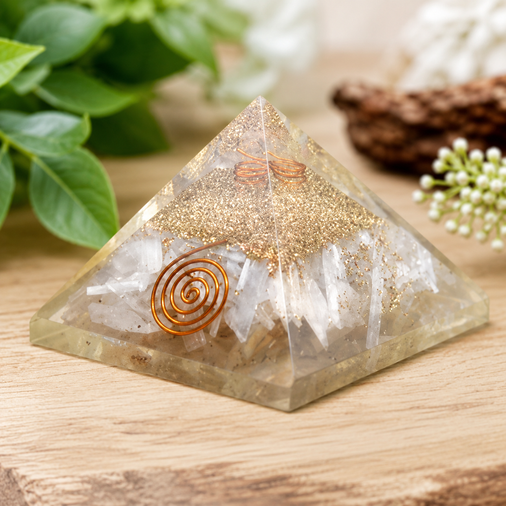 Selenite Orgone pyramid with Clear Quartz Crystal Pencil