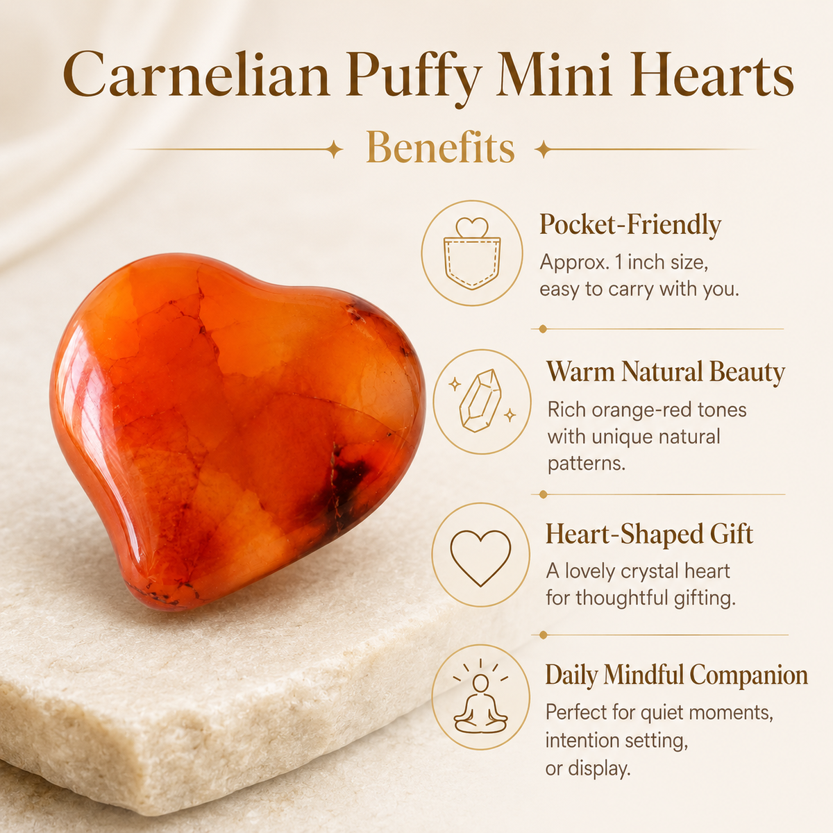 Carnelian Heart Crystal, Puffy Mini 1 Inch Pocket Crystal Heart | Hearts | Wiccan Center