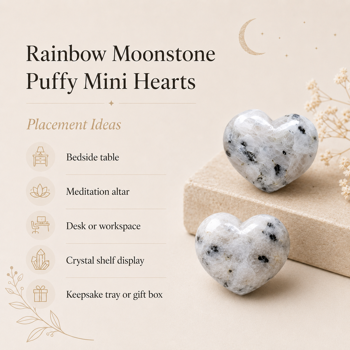 Polished Rainbow Moonstone Heart Crystal, Puffy Mini 2 Inch Pocket Crystal Heart | Hearts | Wiccan Center