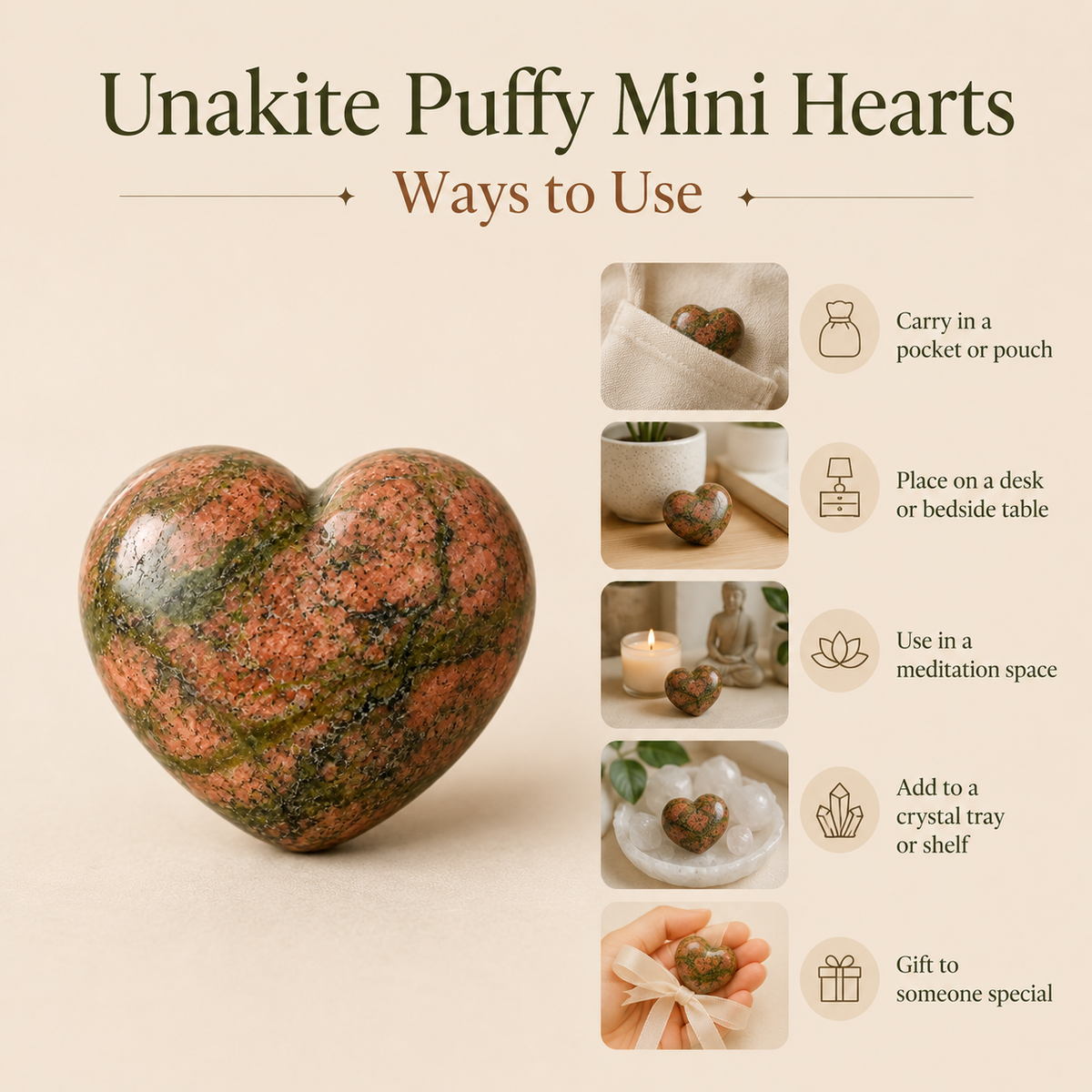 Polished Unakite Heart Crystal, Puffy Mini 2 Inch Pocket Crystal Heart | Hearts | Wiccan Center