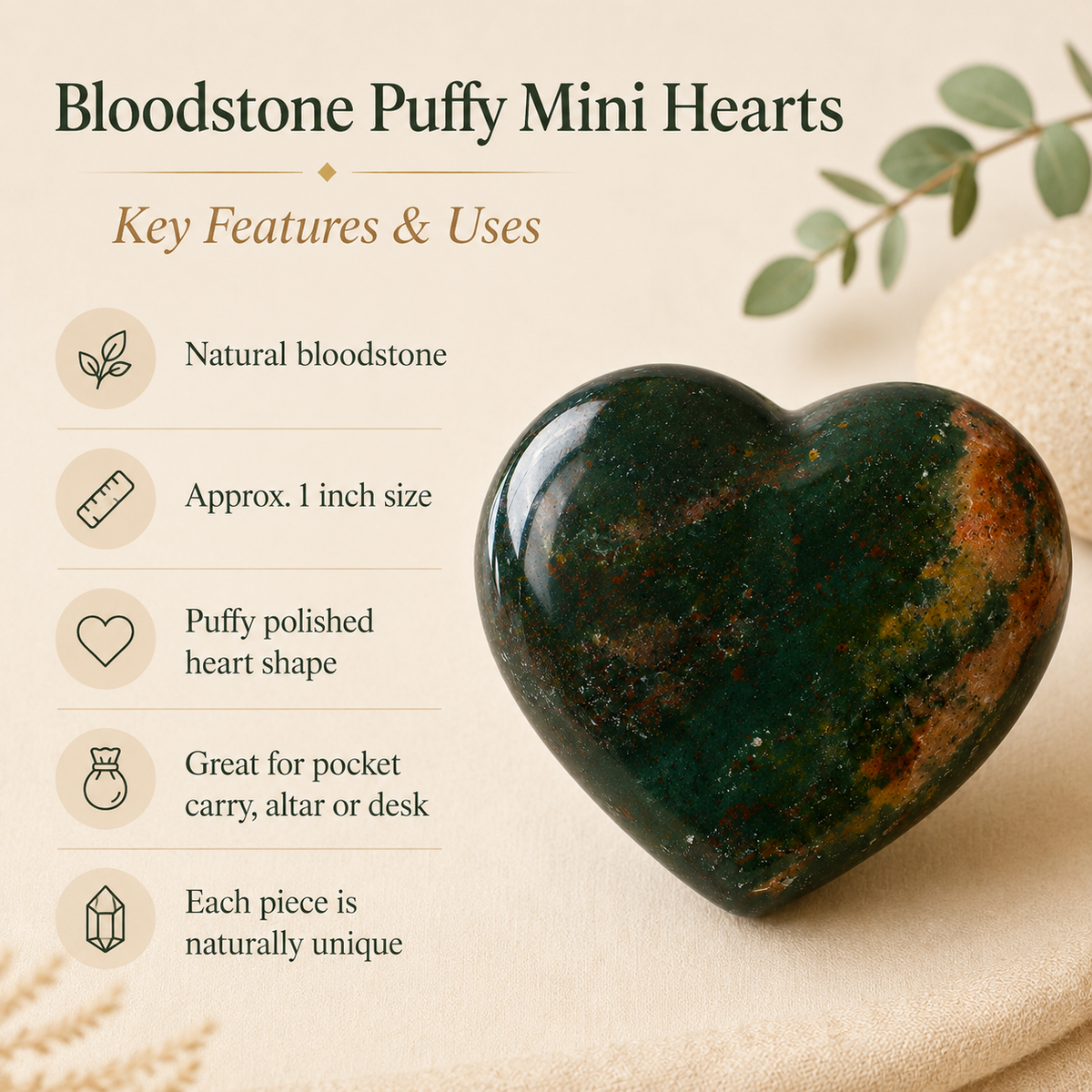 Bloodstone Heart Crystal, Puffy Mini 1 Inch Pocket Crystal Heart | Hearts | Wiccan Center